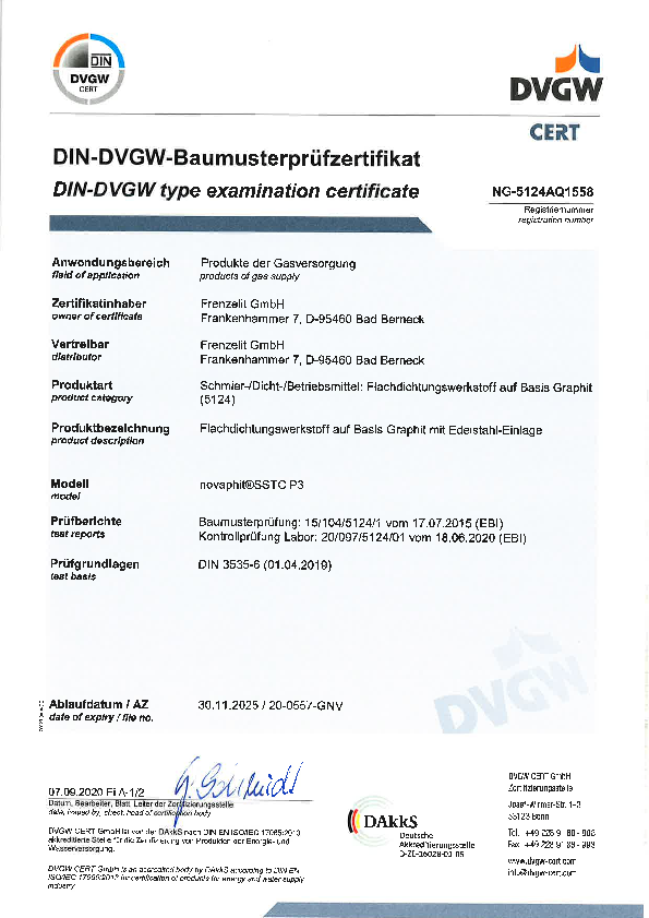 Prüfzertifikat DVGW novaphit® SSTC