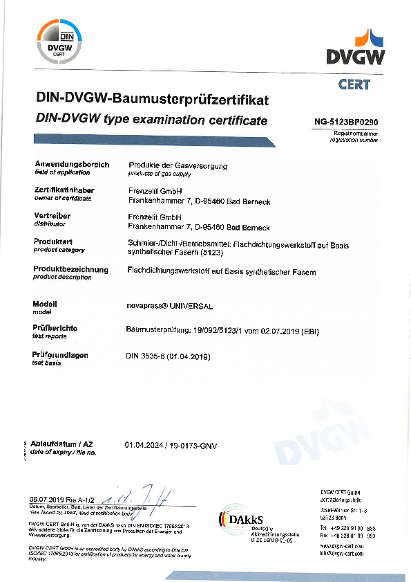 Prüfzertifikat DVGW novapress® UNIVERSAL