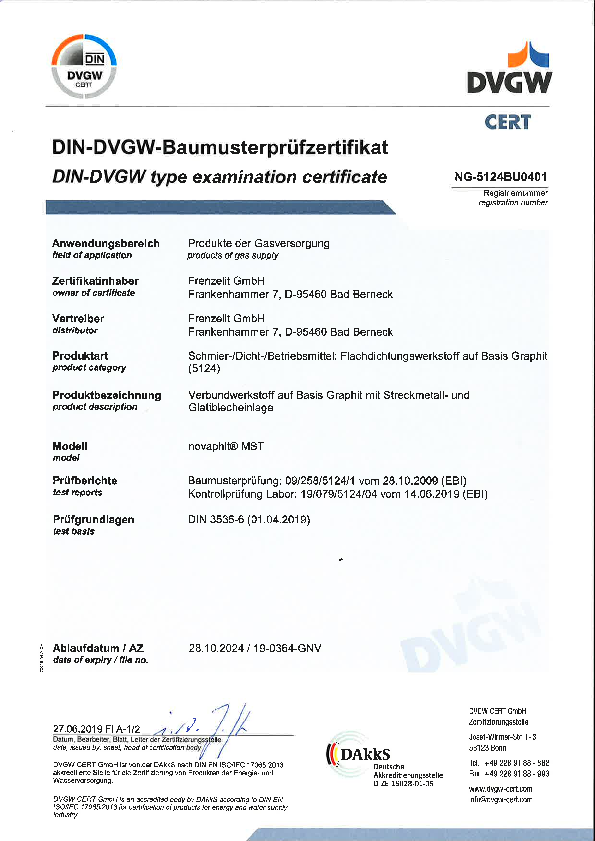 Prüfzertifikat DVGW novaphit® MST