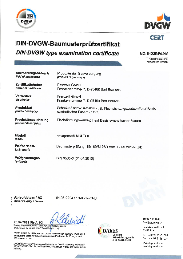 Prüfzertifikat DVGW novapress® MULTI II