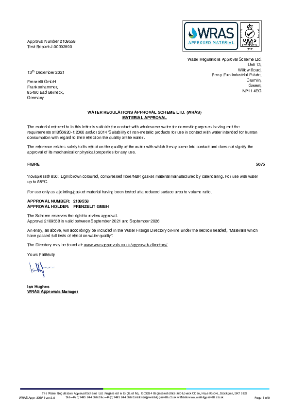 Material Approval WRAS novapress® 850