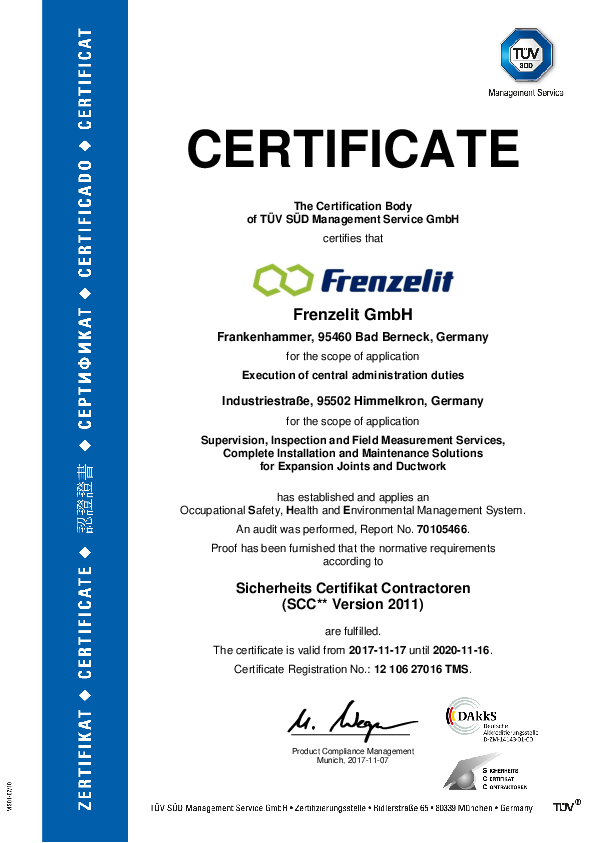 Certificate SCC Frenzelit Expansion Joints