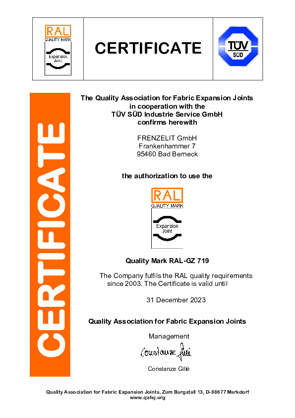 Certificate Quality Mark RAL-GZ 719 Frenzelit Expansion Joints