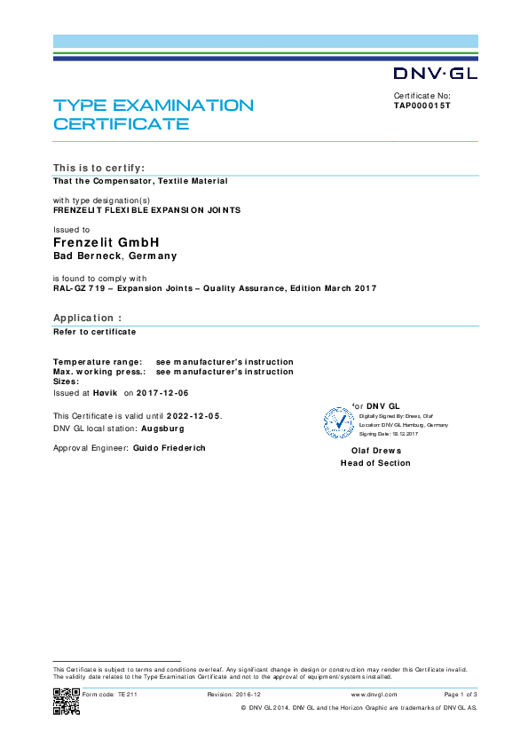 Certificate DNV Germanischer Lloyd Frenzelit Expansion Joints