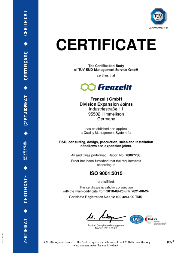 Certificate ISO 9001 Frenzelit Expansion Joints