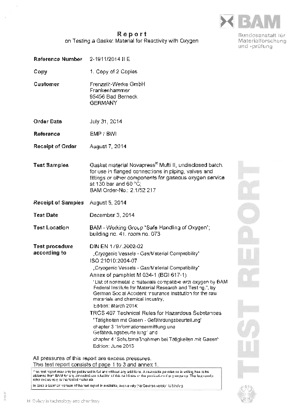 BAM Report for Oxygen novapress® MULTI II