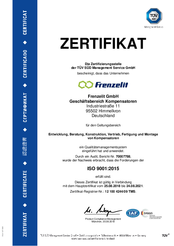 Zertifikat ISO 9001 Frenzelit Kompensatoren