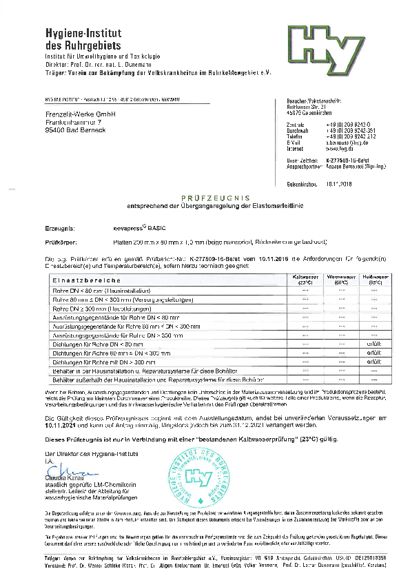 Trinkwasserzulassung für Heißwasser gemäß Elastomer-Leitlinie novapress® BASIC