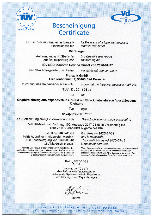 Bescheinigung TÜV TRD401 novaphit® SSTCTRD 401