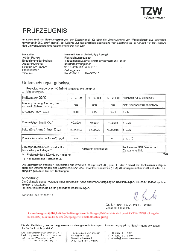 Prüfzeugnis für Trinkwasser gemäß Elastomerleitlinie novapress® 260