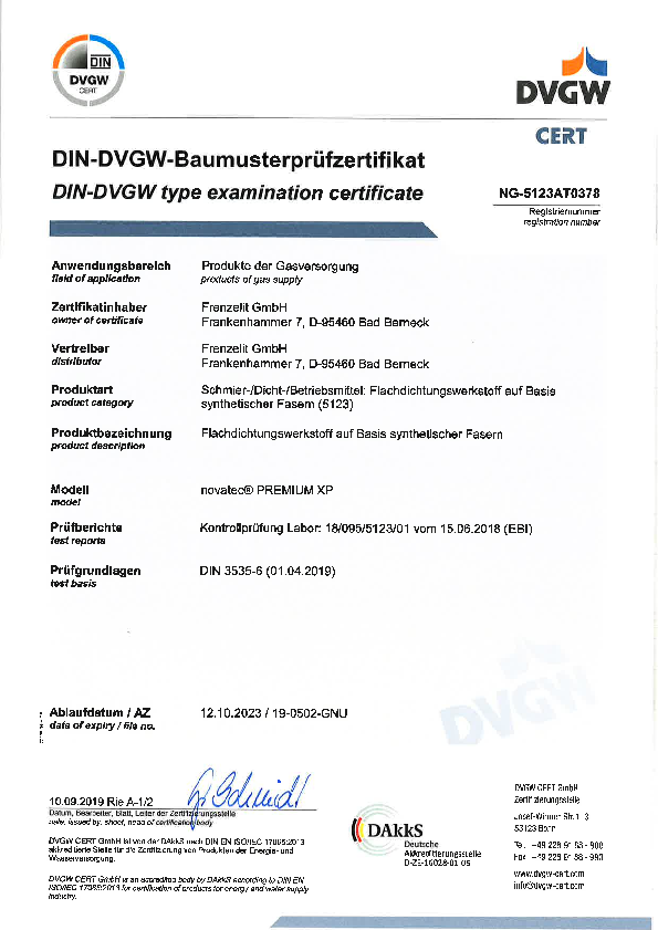 Prüfzertifikat DVGW novatec® PREMIUM XP