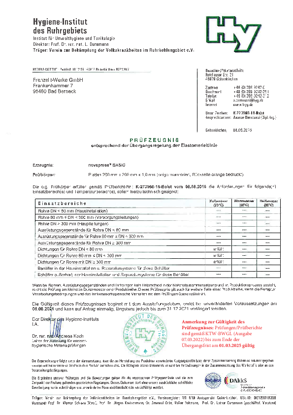 Trinkwasserzulassung für Kaltwasser gemäß Elastomer-Leitlinie novapress® BASIC